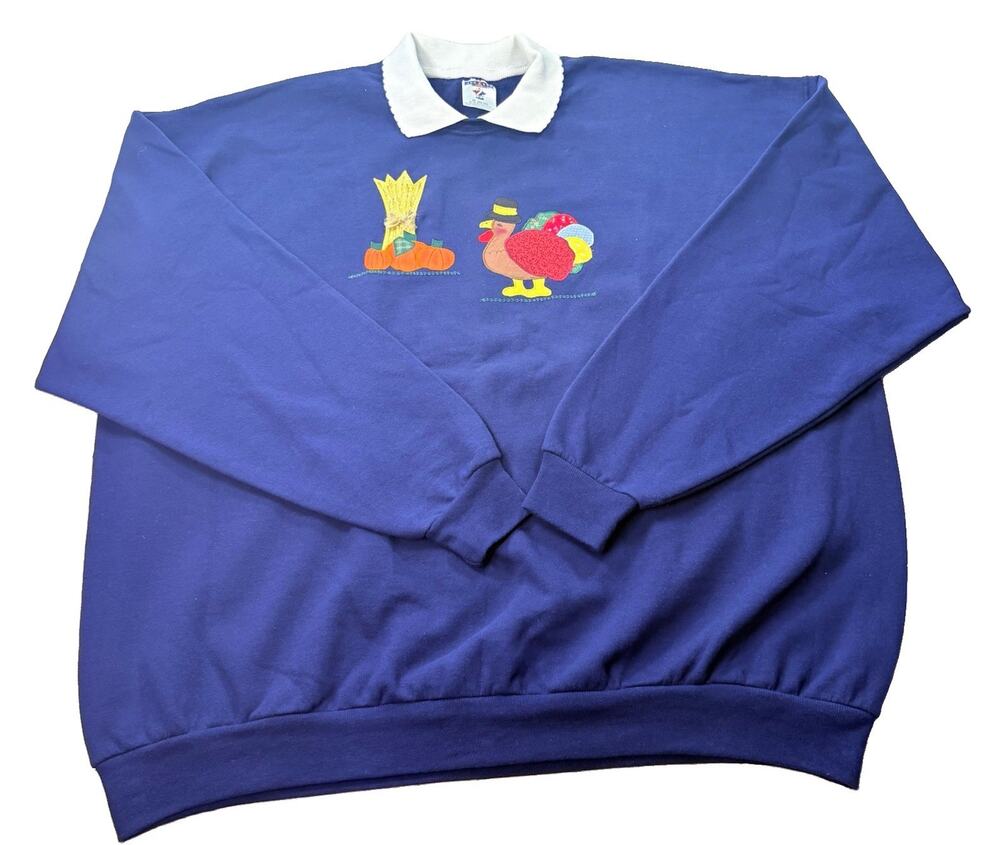 Jerzees Vintage Thanksgiving Sweatshirt Navy Grandmacore Cottagecore Size 3X